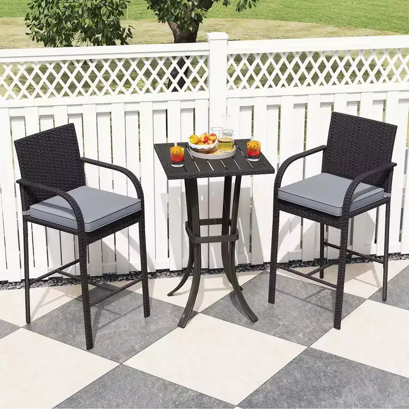 Costway 3 PCS Patio Wicker Bar Set Rattan Chairs & Square Table with Heavy-Duty Metal Frame