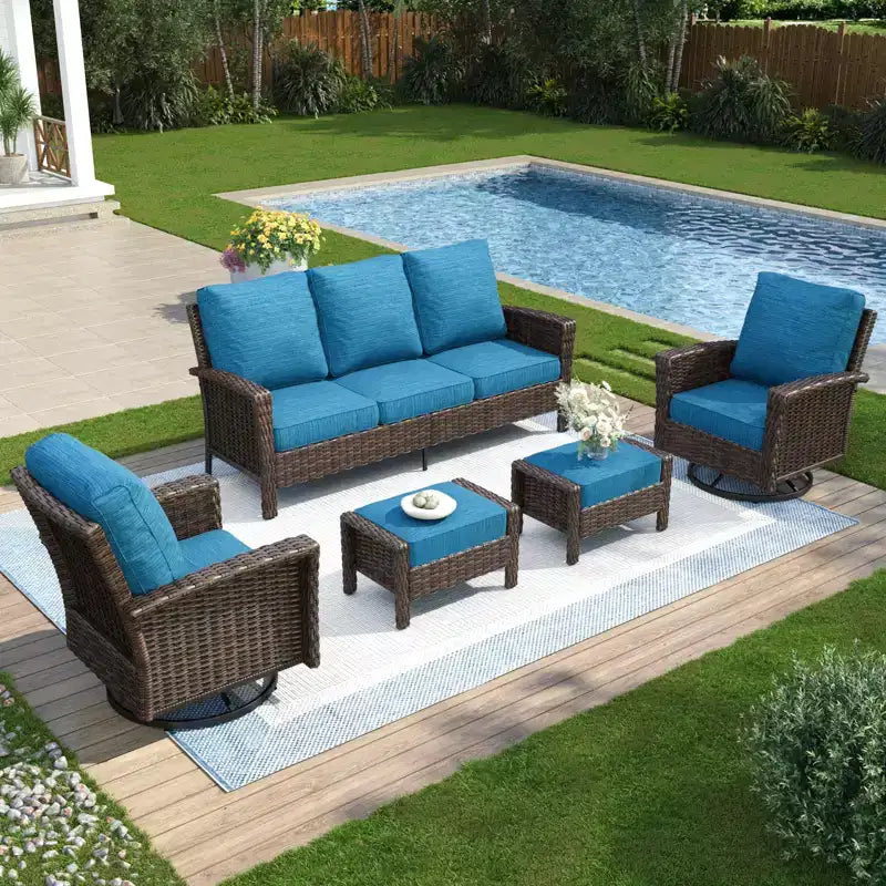 Captiva Designs Ensemble de conversation 5 pièces en rotin pour patio et jardin avec canapé surdimensionné et ottomans