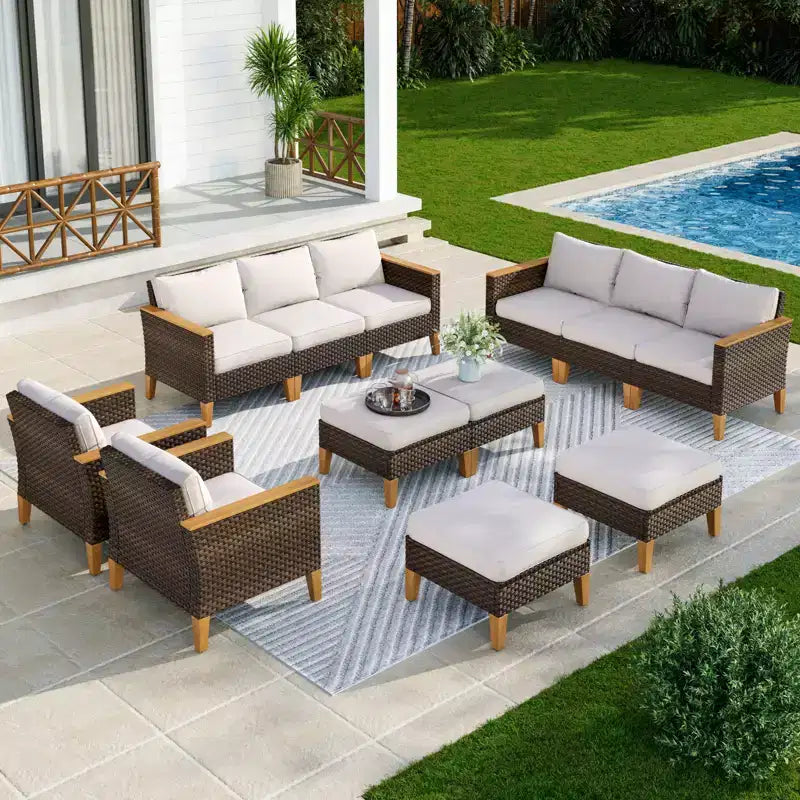 Captiva Designs 12pc Wicker Outdoor Patio Rattan Sectional Conversation Set with Cushioned Ottoman