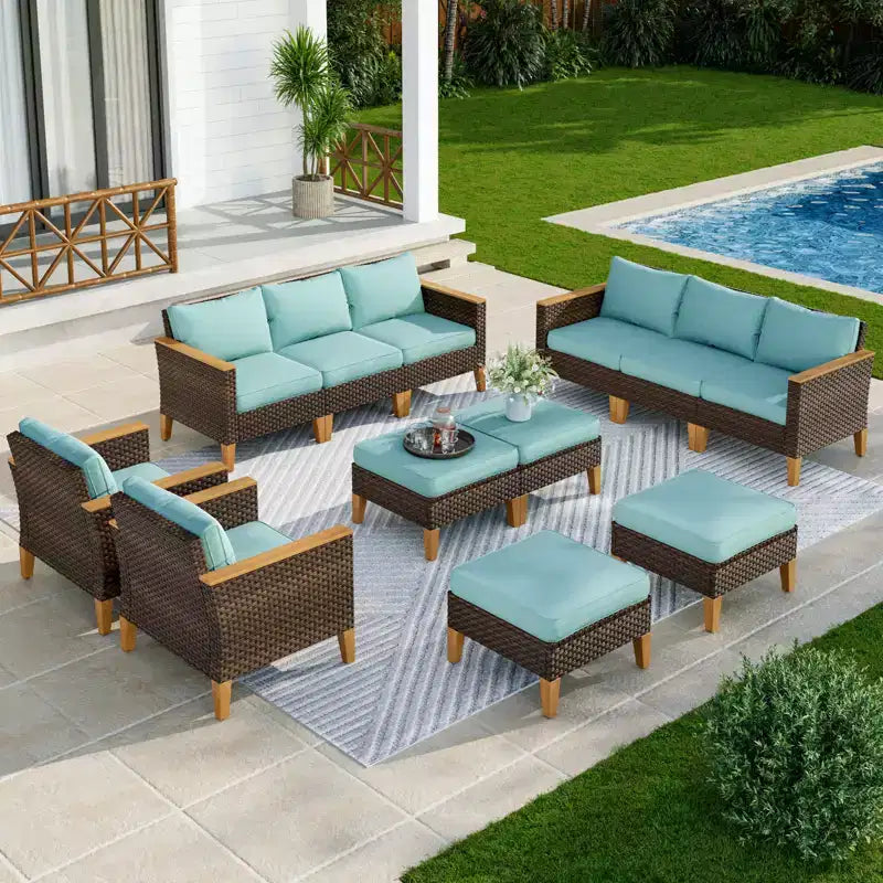 Captiva Designs Ensemble de conversation d'extérieur 12 pièces en rotin et osier avec pouf rembourré