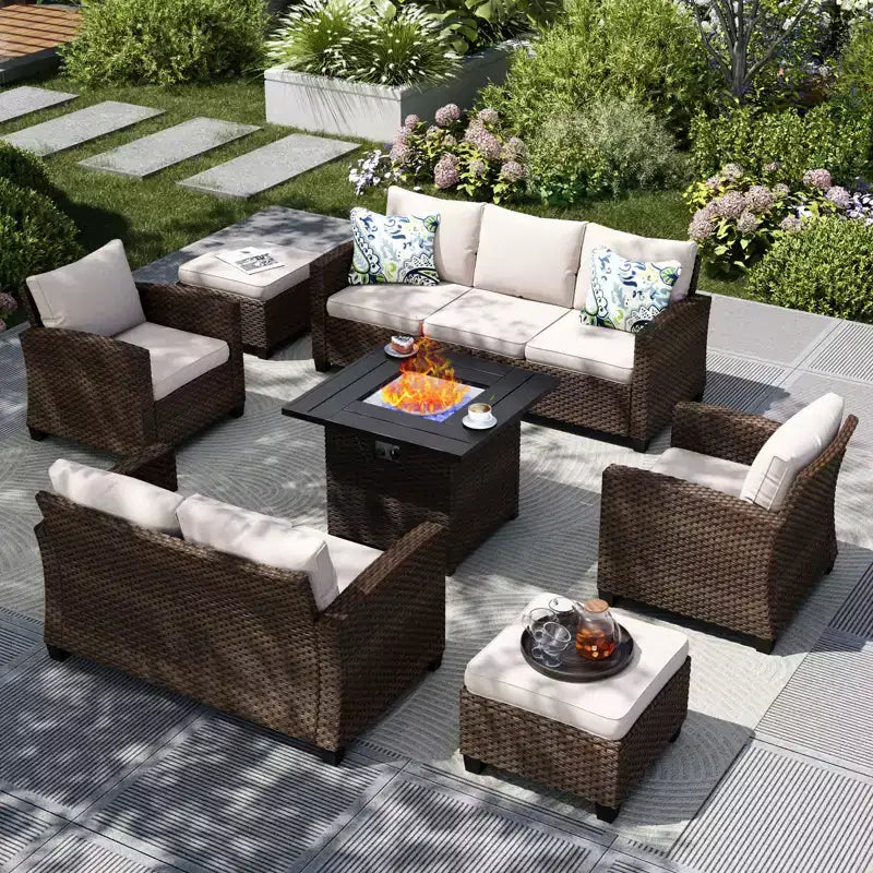 Captiva Designs 7pc Outdoor Patio Wicker Rattan Cushioned Fire Pit Set with Ottomans and Loveseat