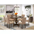 HomeStock 7 Piece Dining Set Round Table 6 Parsons Chairs Distressed Jacobean Light Sable