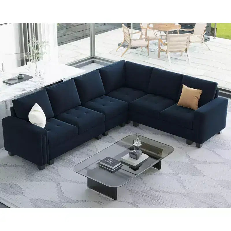 Canapé d'angle modulable en velours tufté Belffin avec méridienne réversible, ensemble de canapés modulables convertibles avec pouf de rangement