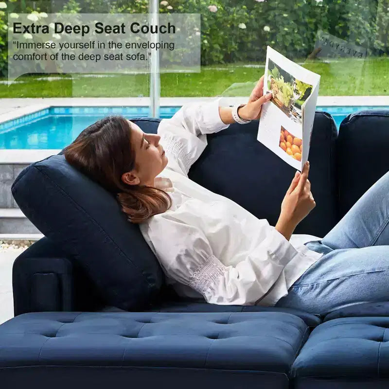 Canapé d'angle modulable en velours tufté Belffin avec méridienne réversible, ensemble de canapés modulables convertibles avec pouf de rangement