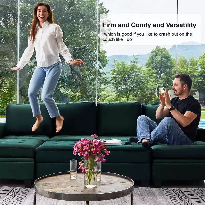 Canapé d'angle modulable en velours tufté Belffin avec méridienne réversible, ensemble de canapés modulables convertibles avec pouf de rangement