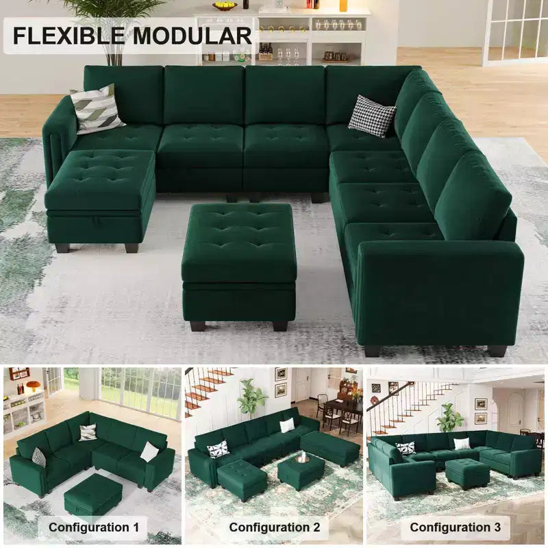 Canapé d'angle modulable en velours tufté Belffin avec méridienne réversible, ensemble de canapés modulables convertibles avec pouf de rangement