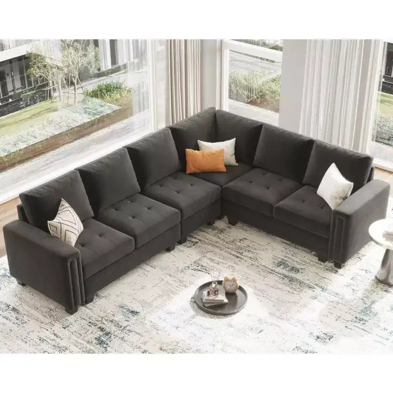 Canapé d'angle modulable en velours tufté Belffin avec méridienne réversible, ensemble de canapés modulables convertibles avec pouf de rangement