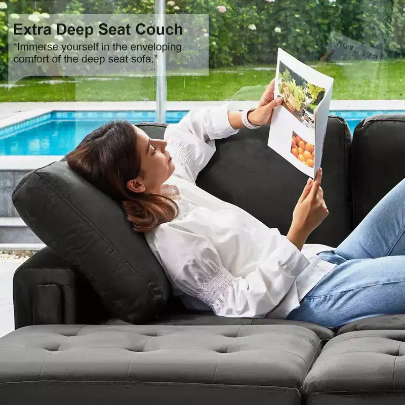 Canapé d'angle modulable en velours tufté Belffin avec méridienne réversible, ensemble de canapés modulables convertibles avec pouf de rangement
