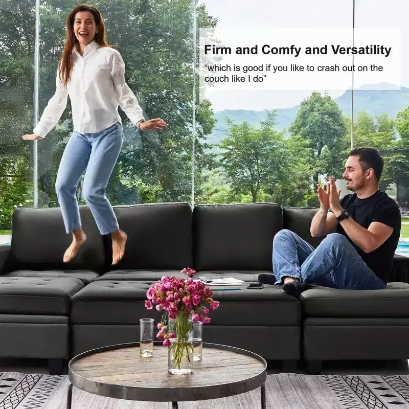 Canapé d'angle modulable en velours tufté Belffin avec méridienne réversible, ensemble de canapés modulables convertibles avec pouf de rangement
