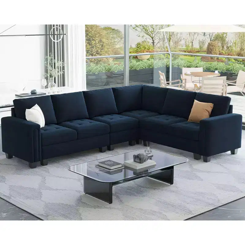 Canapé d'angle modulable en velours tufté Belffin avec méridienne réversible, ensemble de canapés modulables convertibles avec pouf de rangement