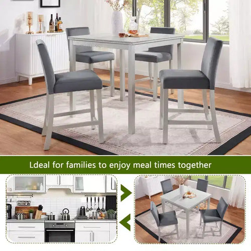 Ensemble de table à hauteur de comptoir 5 pièces avec table carrée et 4 chaises rembourrées, table à manger à hauteur de comptoir avec décoration en cristal et ensemble de chaises
