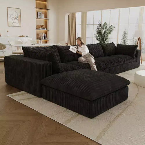 157.6 Canapé Nuage Bleu en Tissu Corduroy, Canapés Profonds avec 1 Pouf, Conception Double Couche, Coussin Amovible, Pas d'Assemblage, Combinaison DIY