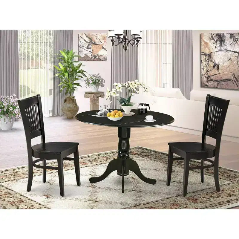 HomeStock Belmont – Ensemble de 3 pièces pour cuisine – 2 chaises mi-siècle avec assise en bois et dossier à lattes – Table de petit-déjeuner avec rallonges – Fini noir