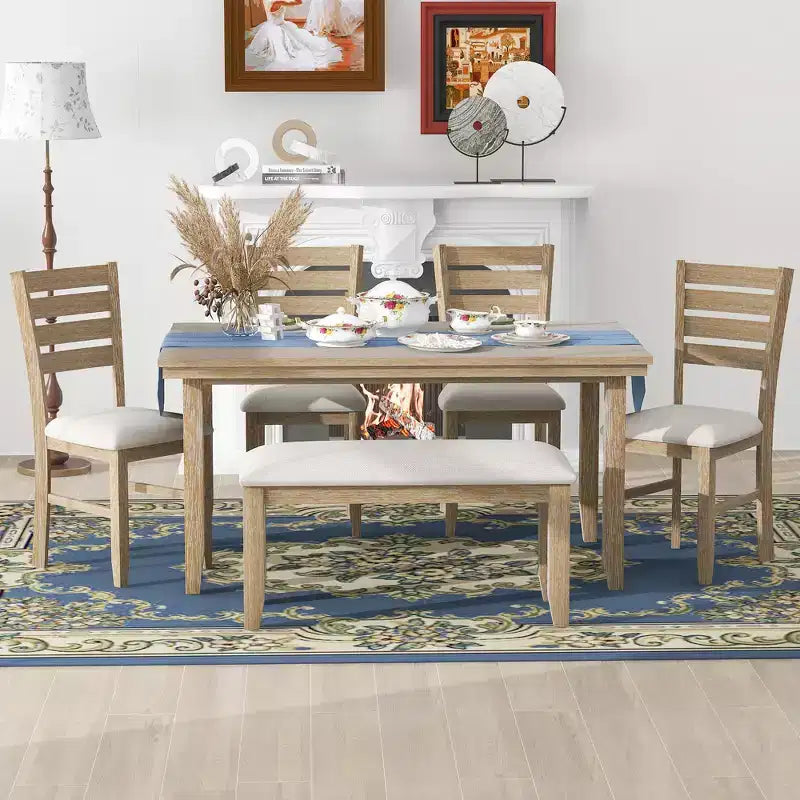 Ensemble Table de Salle à Manger de Ferme pour 6, Table Rectangulaire en Bois et 4 Chaises Rembourrées & Banc