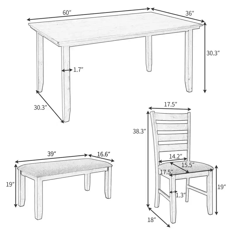 Ensemble Table de Salle à Manger de Ferme pour 6, Table Rectangulaire en Bois et 4 Chaises Rembourrées & Banc