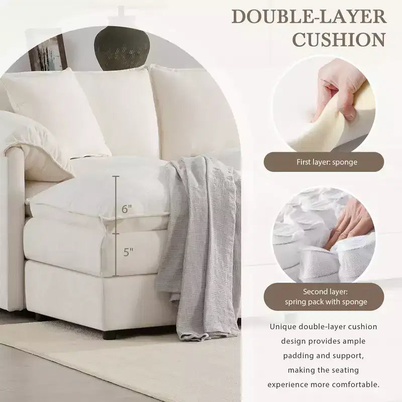 Canapé d'angle modulable 4 places en chenille Polibi en U avec pouf mobile et accoudoirs coussins