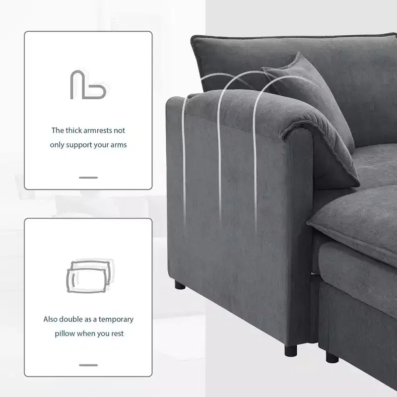 Canapé d'angle modulable 4 places en chenille Polibi en U avec pouf mobile et accoudoirs coussins