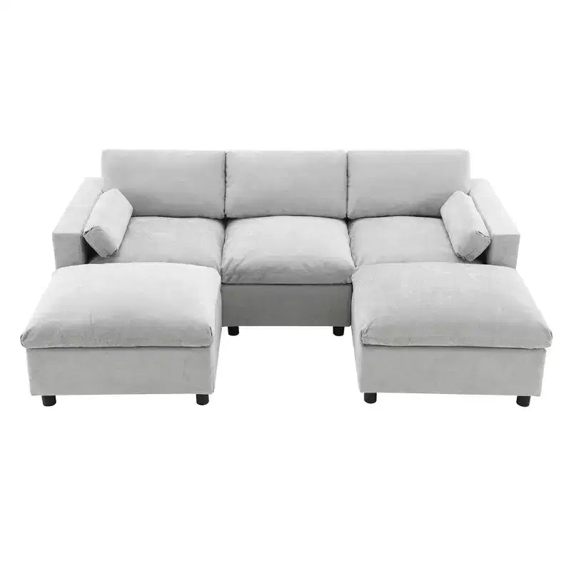 Canapé d'angle modulable 5 places Polibi en chenille avec deux poufs