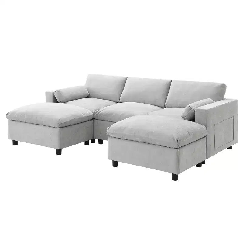 Canapé d'angle modulable 5 places Polibi en chenille avec deux poufs