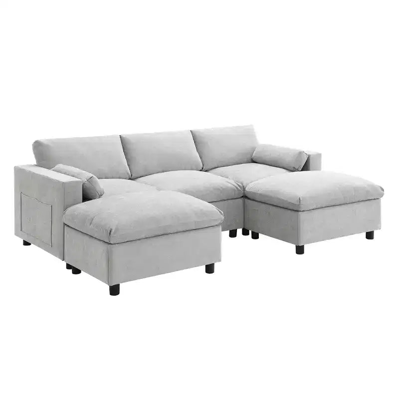 Canapé d'angle modulable 5 places Polibi en chenille avec deux poufs