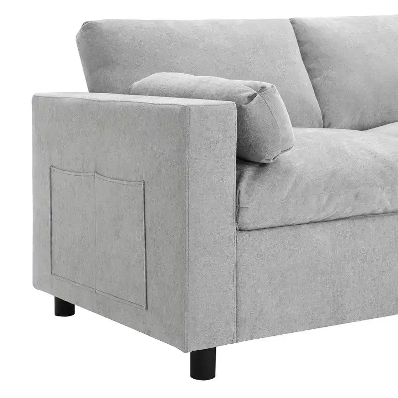 Canapé d'angle modulable 5 places Polibi en chenille avec deux poufs