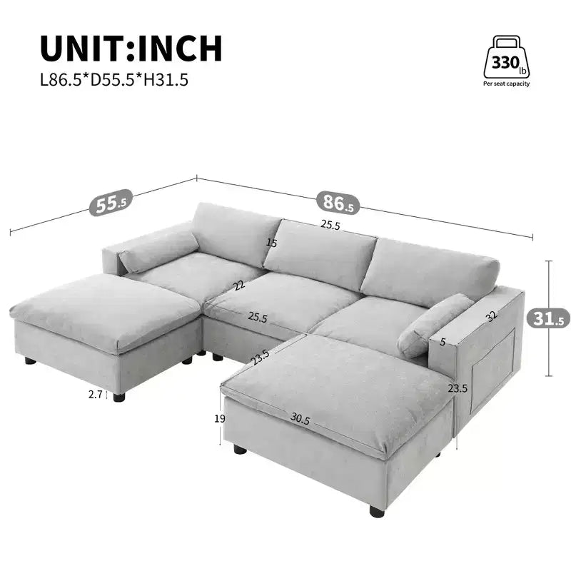 Canapé d'angle modulable 5 places Polibi en chenille avec deux poufs