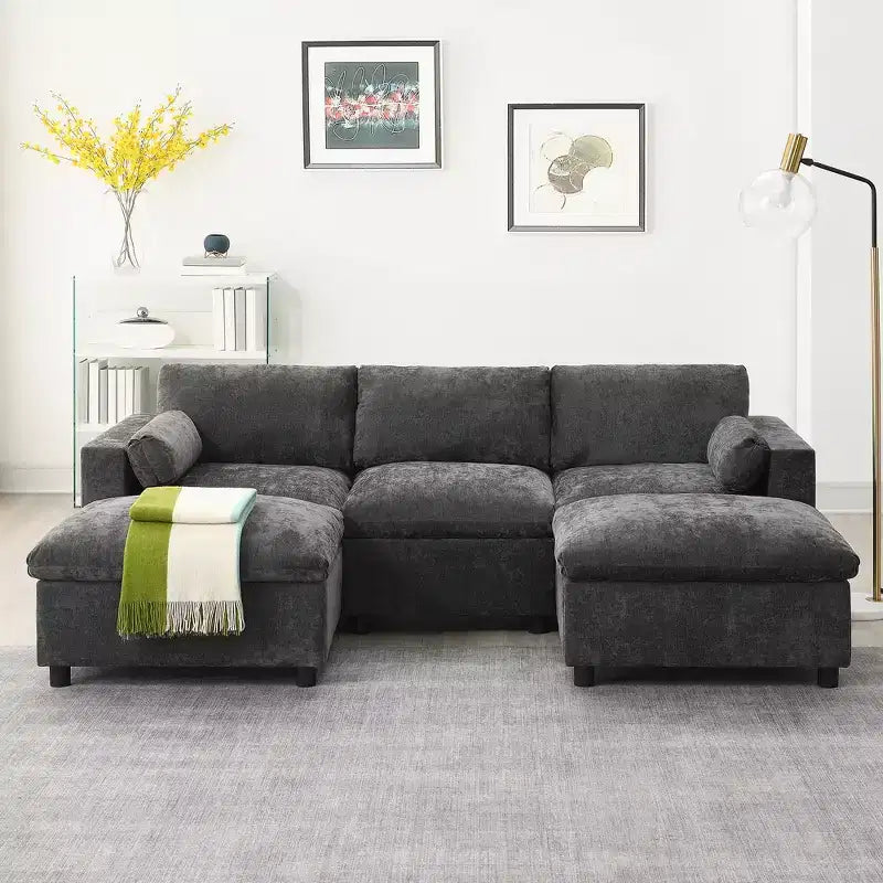 Canapé d'angle modulable 5 places Polibi en chenille avec deux poufs