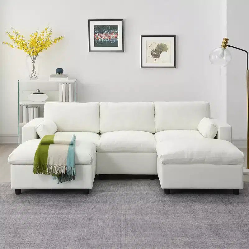 Canapé d'angle modulable 5 places Polibi en chenille avec deux poufs