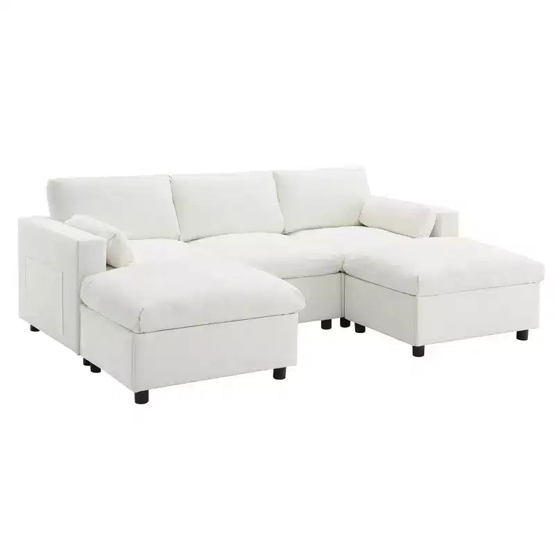 Canapé d'angle modulable 5 places Polibi en chenille avec deux poufs