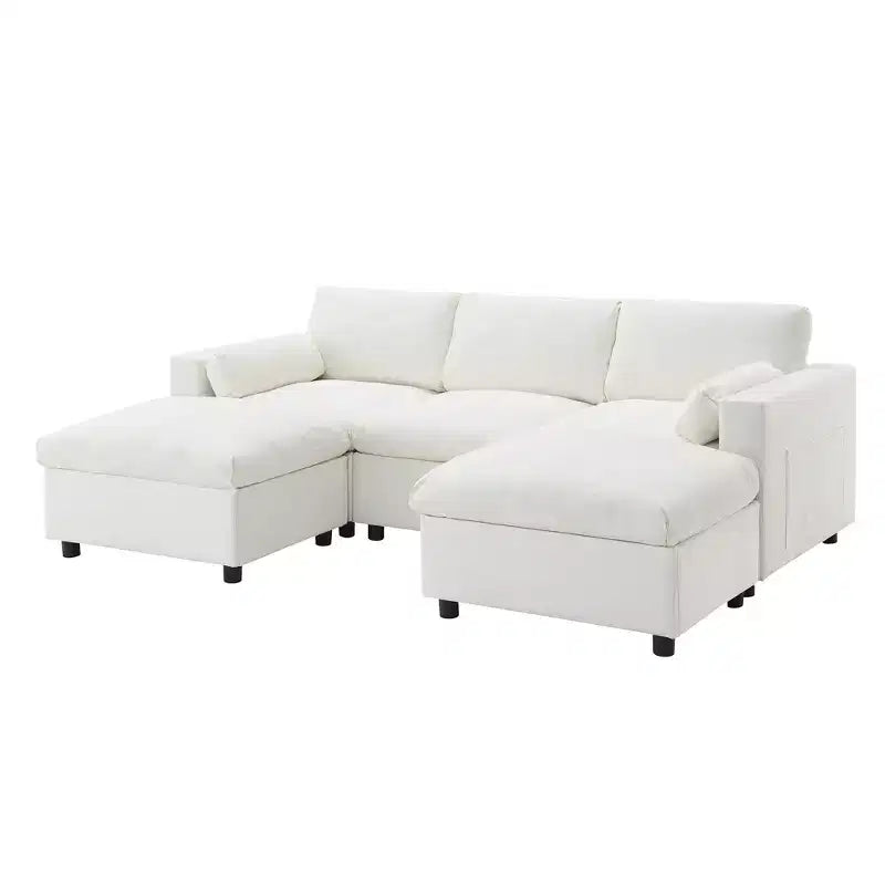 Canapé d'angle modulable 5 places Polibi en chenille avec deux poufs