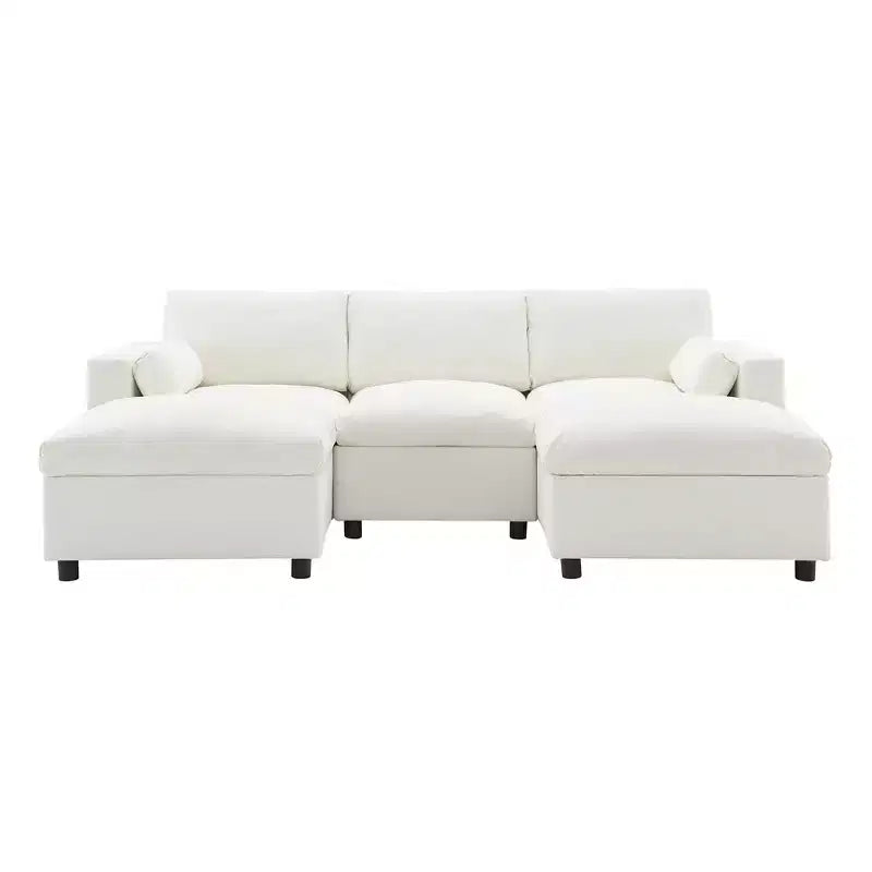 Canapé d'angle modulable 5 places Polibi en chenille avec deux poufs