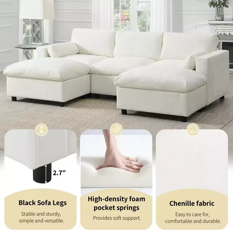 Canapé d'angle modulable 5 places Polibi en chenille avec deux poufs