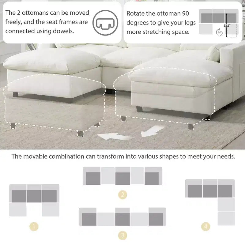 Canapé d'angle modulable 5 places Polibi en chenille avec deux poufs