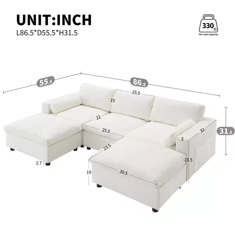 Canapé d'angle modulable 5 places Polibi en chenille avec deux poufs