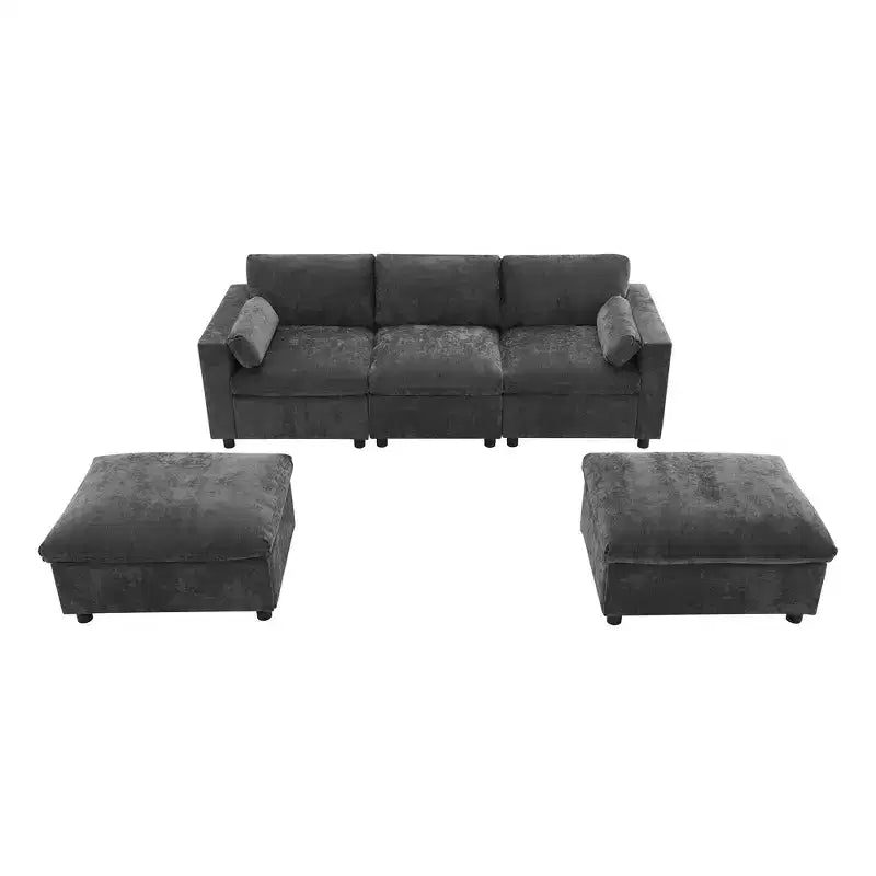 Canapé d'angle modulable 5 places Polibi en chenille avec deux poufs