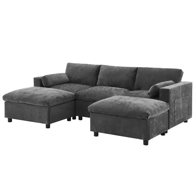 Canapé d'angle modulable 5 places Polibi en chenille avec deux poufs