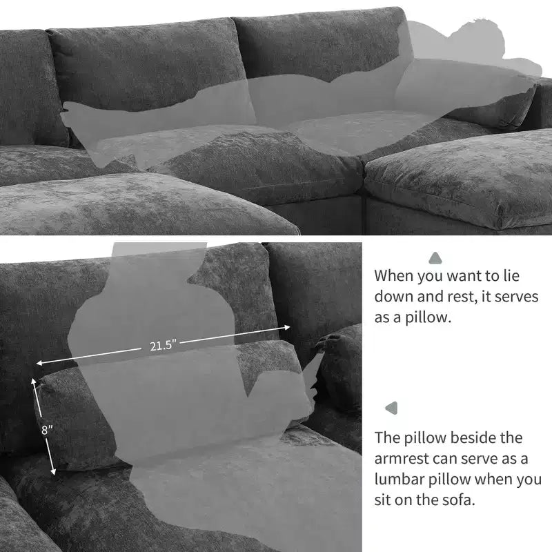 Canapé d'angle modulable 5 places Polibi en chenille avec deux poufs