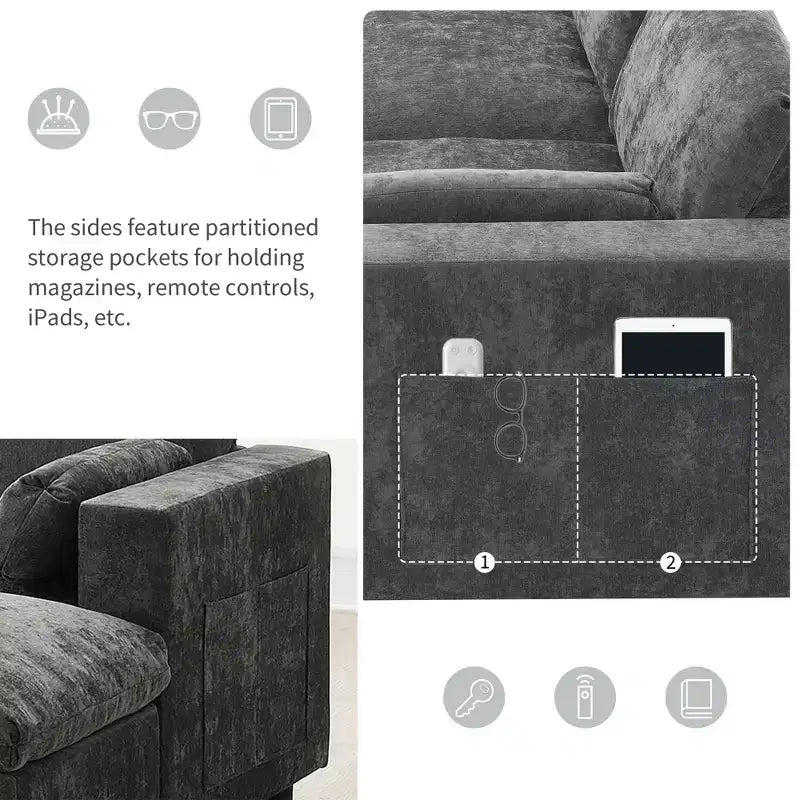 Canapé d'angle modulable 5 places Polibi en chenille avec deux poufs