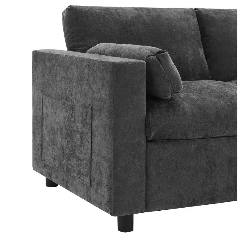 Canapé d'angle modulable 5 places Polibi en chenille avec deux poufs
