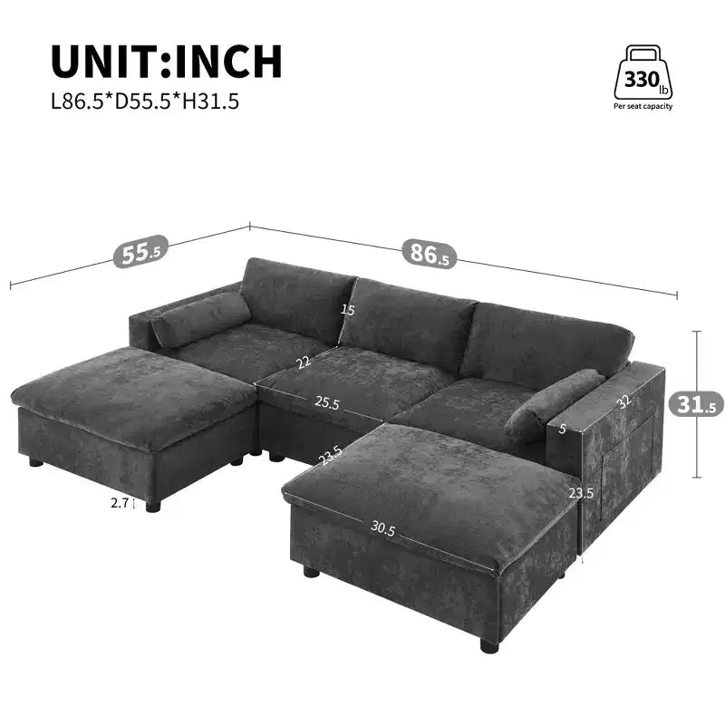 Canapé d'angle modulable 5 places Polibi en chenille avec deux poufs