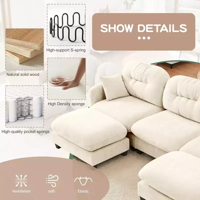 Canapé d'angle en L 74" beige nuage avec ottoman, en tissu chenille doux et mousse haute densité pour les salons