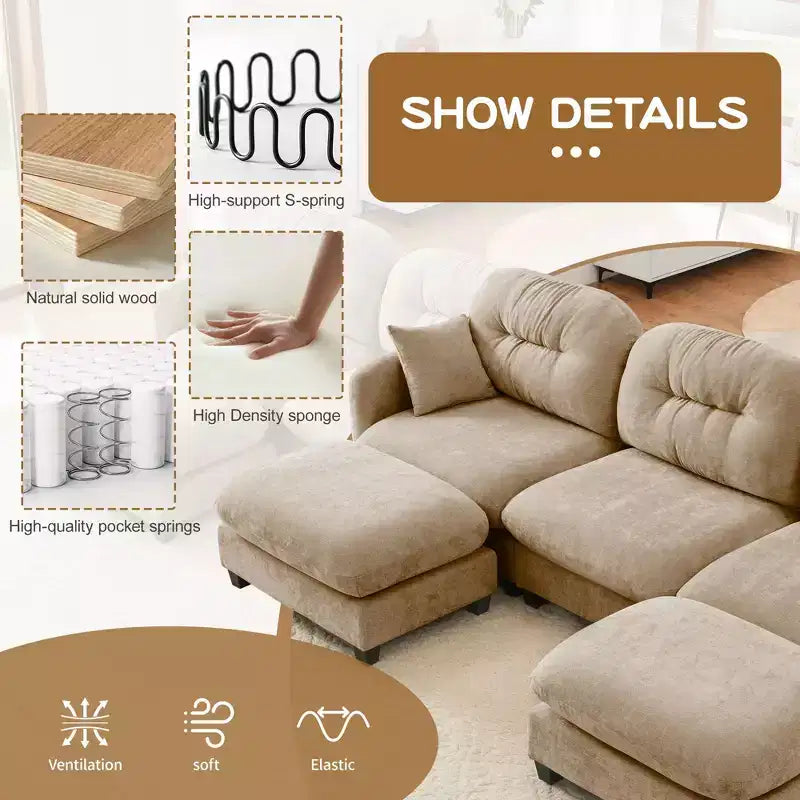 Canapé modulable 3 places beige en tissu chenille en forme de L avec pouf pour salons