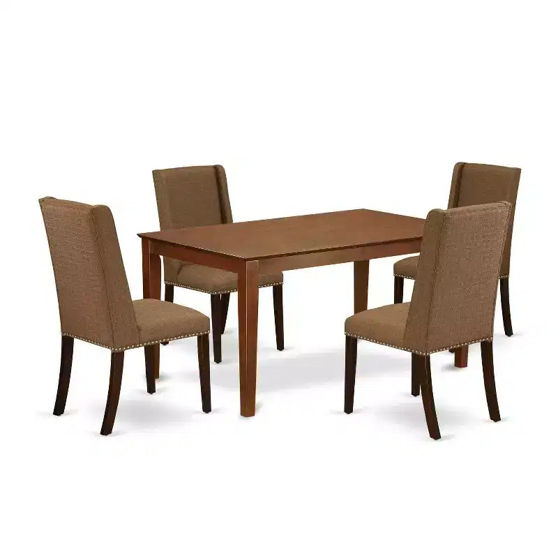 Kitchen Table Set 5 Piece - Dining Room Table & 4 Chairs - Modern Fabric Seat - Brown Beige Finish