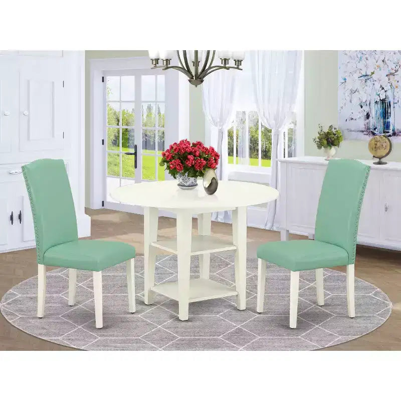 Ensemble de salle à manger vintage 3 pièces table et 2 chaises - Table 20x42 avec rallonges latérales - Pieds blanc lin - Siège en cuir PU