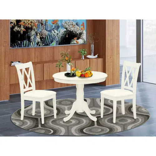 Ensemble dînette 3 pièces – Table de cuisine et 2 chaises de salle à manger – Finition blanc lin – Petite table ronde