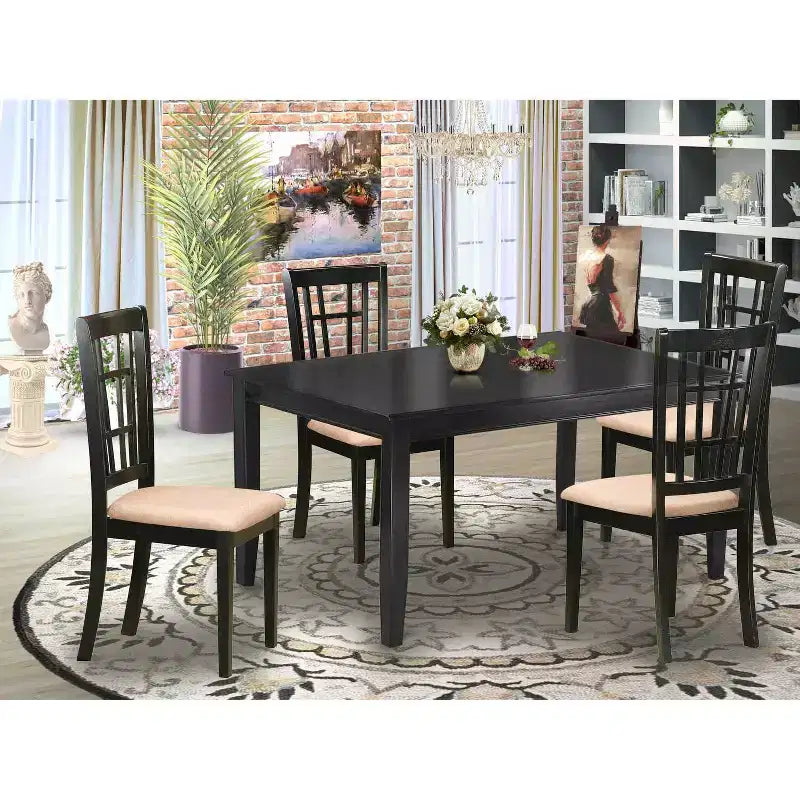 HomeStock Ensemble de 5 pièces : Table à manger rectangulaire avec plateau en bois massif finition noire et 4 chaises