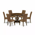 HomeStock 7-Piece Distressed Jacobean Finish Solid Wood Top Dining Table with 6 Parson Chairs