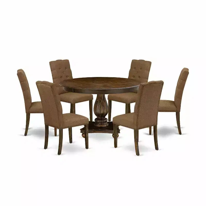 HomeStock 7-Piece Distressed Jacobean Finish Solid Wood Top Dining Table with 6 Parson Chairs
