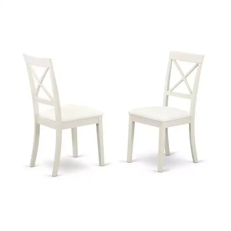 HomeStock Ensemble de salle à manger 5 pièces en lin blanc avec plateau en bois massif et 4 chaises à abattant à dossier croisillons