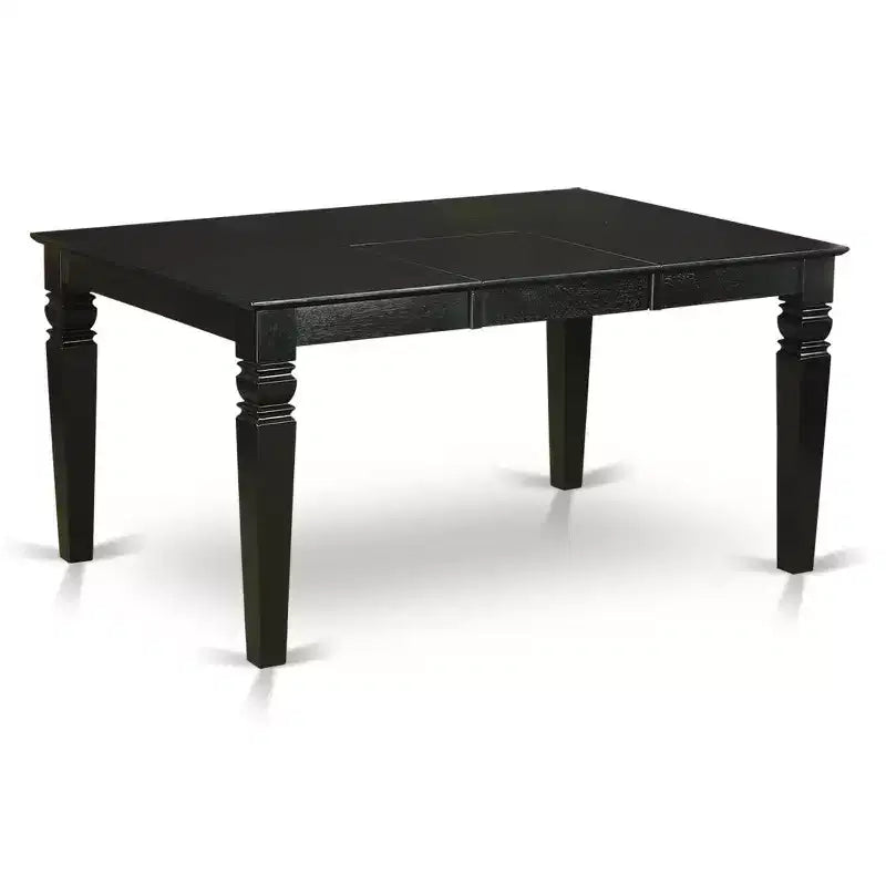 Ensemble de salle à manger HomeStock 7 pièces : table rectangulaire avec plateau en bois massif au fini noir et 6 chaises à dossier à barreaux avec rallonge papillon